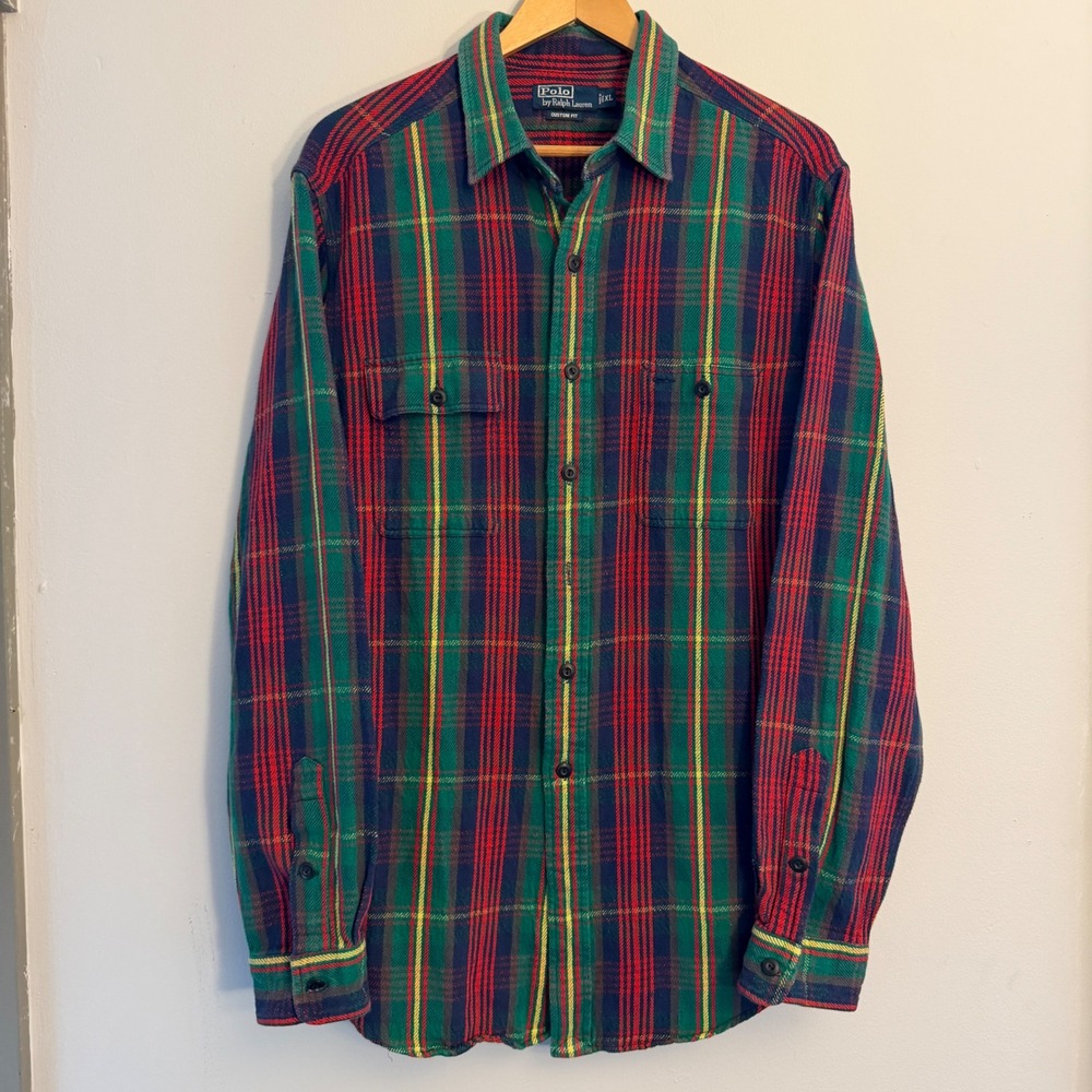 Polo Ralph Lauren Mens XL Custom Fit Plaid Flannel Shirt Y2K Red Green LS